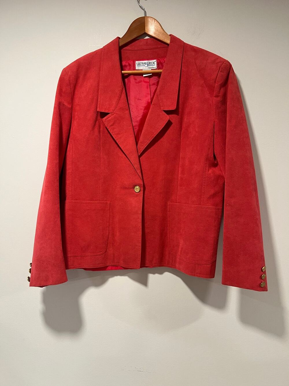 Vintage Faux Suede Women's Red Blazer Jacket One Gold Button Size 14 JL